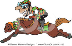 43125-Clipart-Illustration-Of-A-Grinning-Jockey-Riding-Low-On-Horseback.jpg